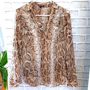 Express • Women's Semi-Sheer Snake Print Long Sleeve Button-Up Tunic Blo…